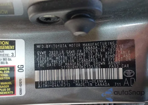 2019 Toyota Corolla Le from USA, damaged, VIN 2T1BURHE0KC135165